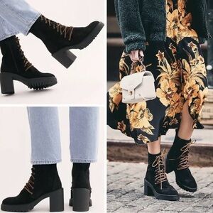 Free People Dylan Lace Up Chunky Mid Calf Suede Boots Black Women’s Size 8.5